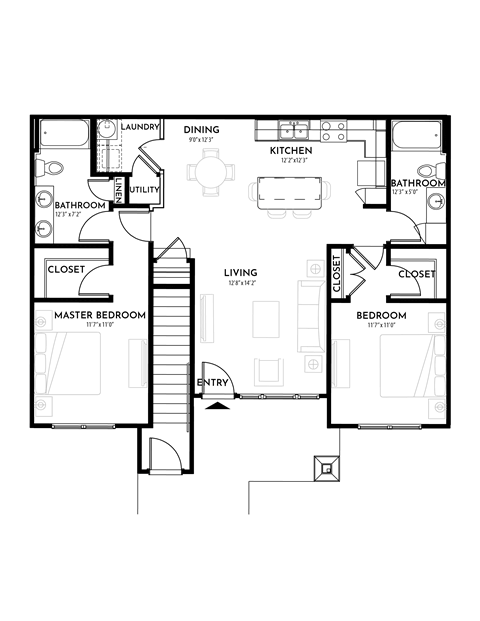 Floor plan for 2 beds, 2 baths, 1088 sqft